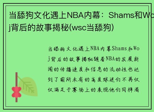 当舔狗文化遇上NBA内幕：Shams和Woj背后的故事揭秘(wsc当舔狗)